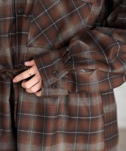 連帽格子襯衫長款上衣