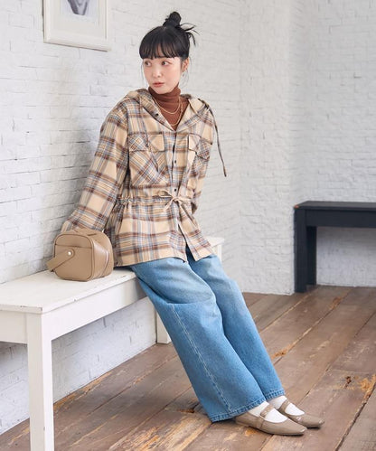 連帽格子襯衫長款上衣