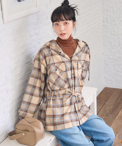 連帽格子襯衫長款上衣