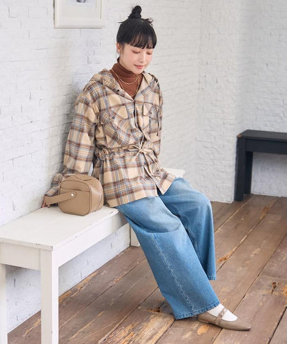 連帽格子襯衫長款上衣