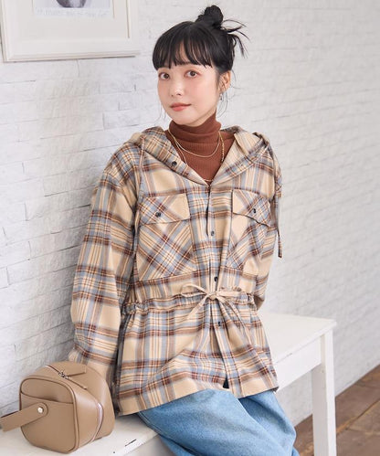 連帽格子襯衫長款上衣