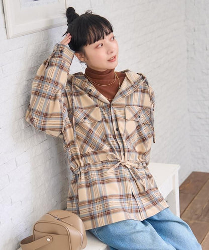 連帽格子襯衫長款上衣