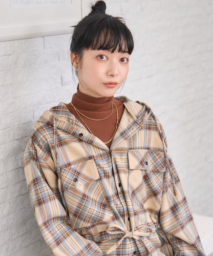 連帽格子襯衫長款上衣