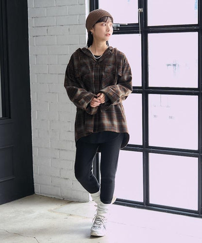 連帽格子襯衫長款上衣