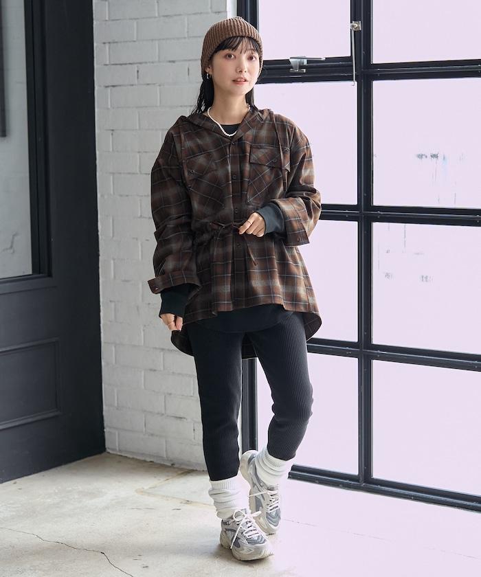 連帽格子襯衫長款上衣