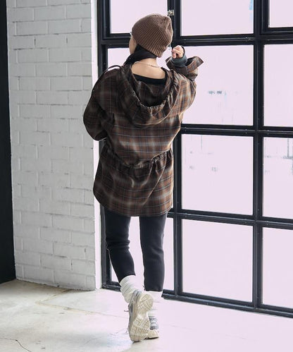 連帽格子襯衫長款上衣