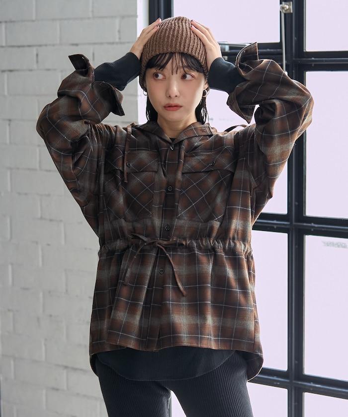 連帽格子襯衫長款上衣