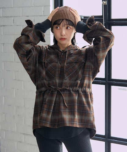 連帽格子襯衫長款上衣