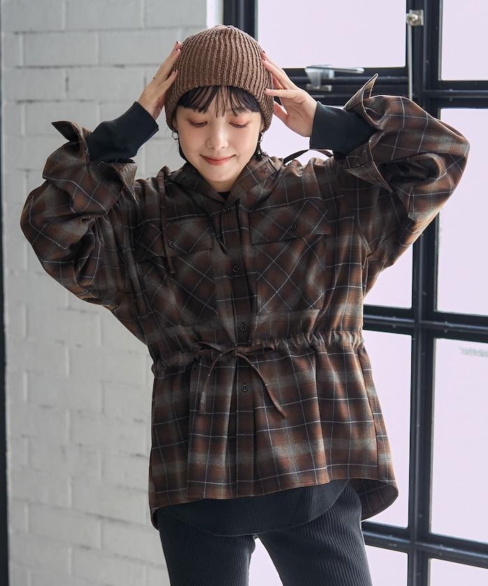 連帽格子襯衫長款上衣