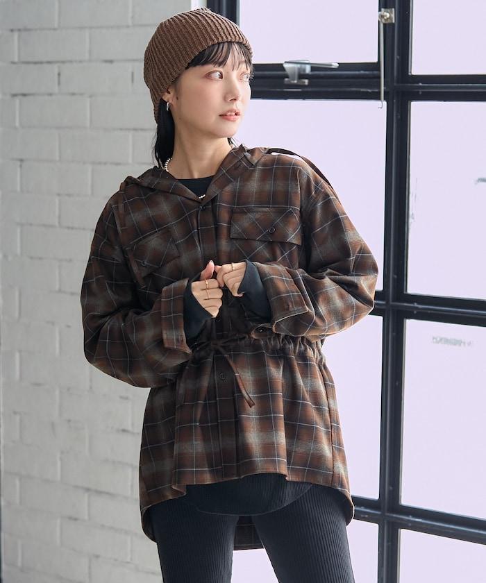 連帽格子襯衫長款上衣