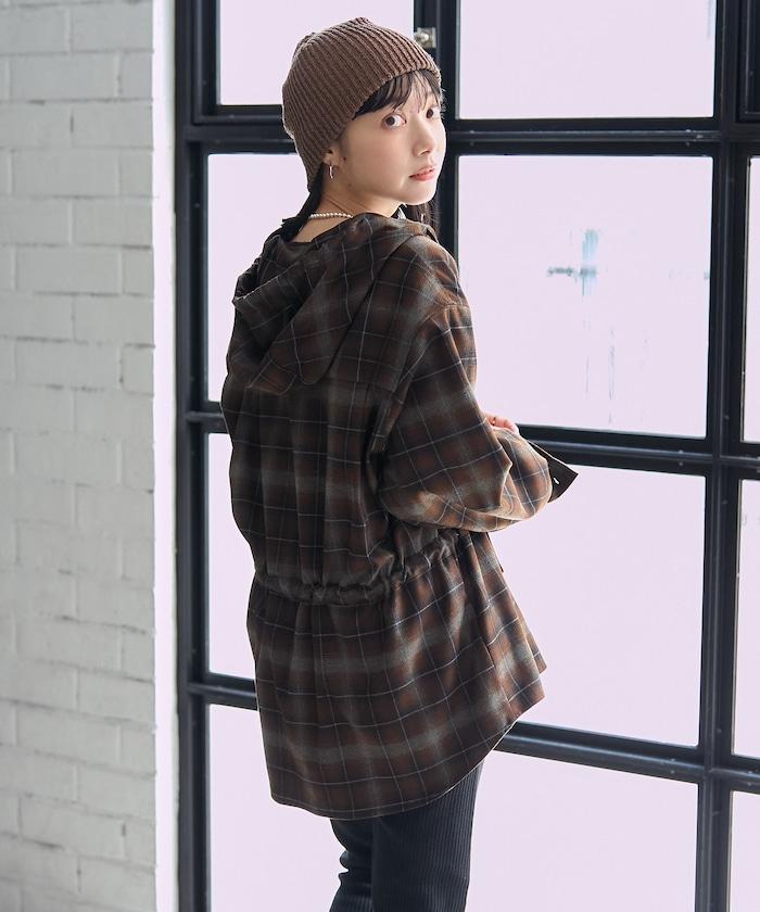 連帽格子襯衫長款上衣