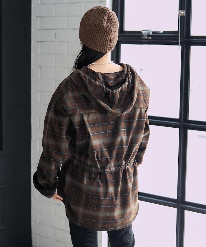 連帽格子襯衫長款上衣