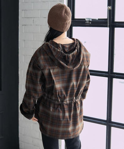 連帽格子襯衫長款上衣