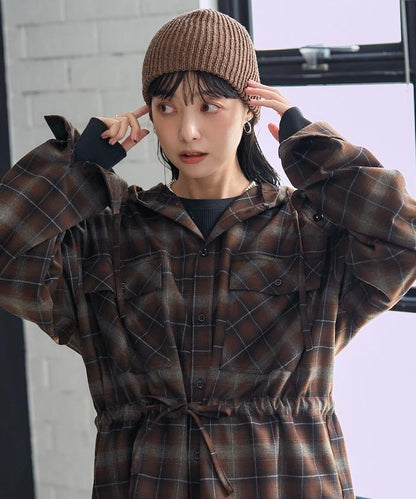 連帽格子襯衫長款上衣