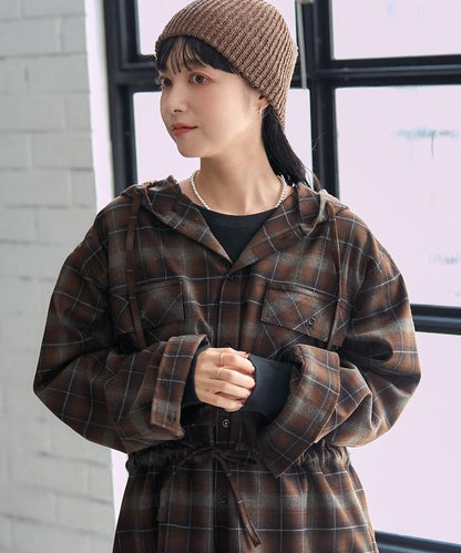 連帽格子襯衫長款上衣