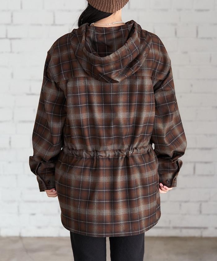 連帽格子襯衫長款上衣