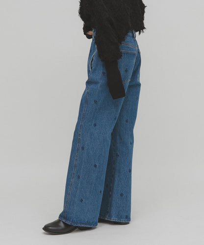 拼接口袋喇叭牛仔褲