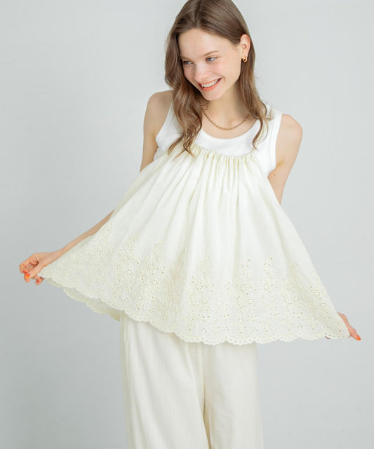 刺繡棉吊帶上衣×褲子套裝