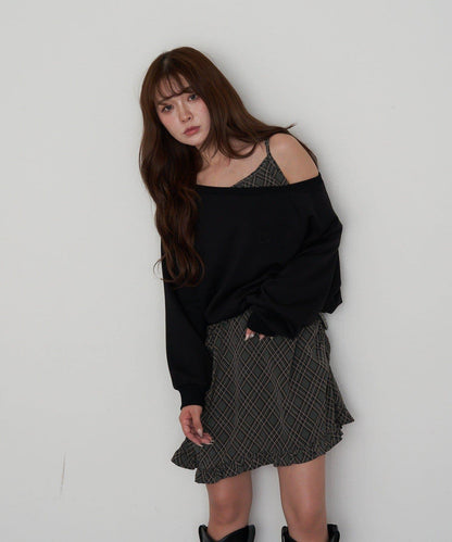 【RAY CASSIN】一字肩衛衣拼接格紋連衣裙