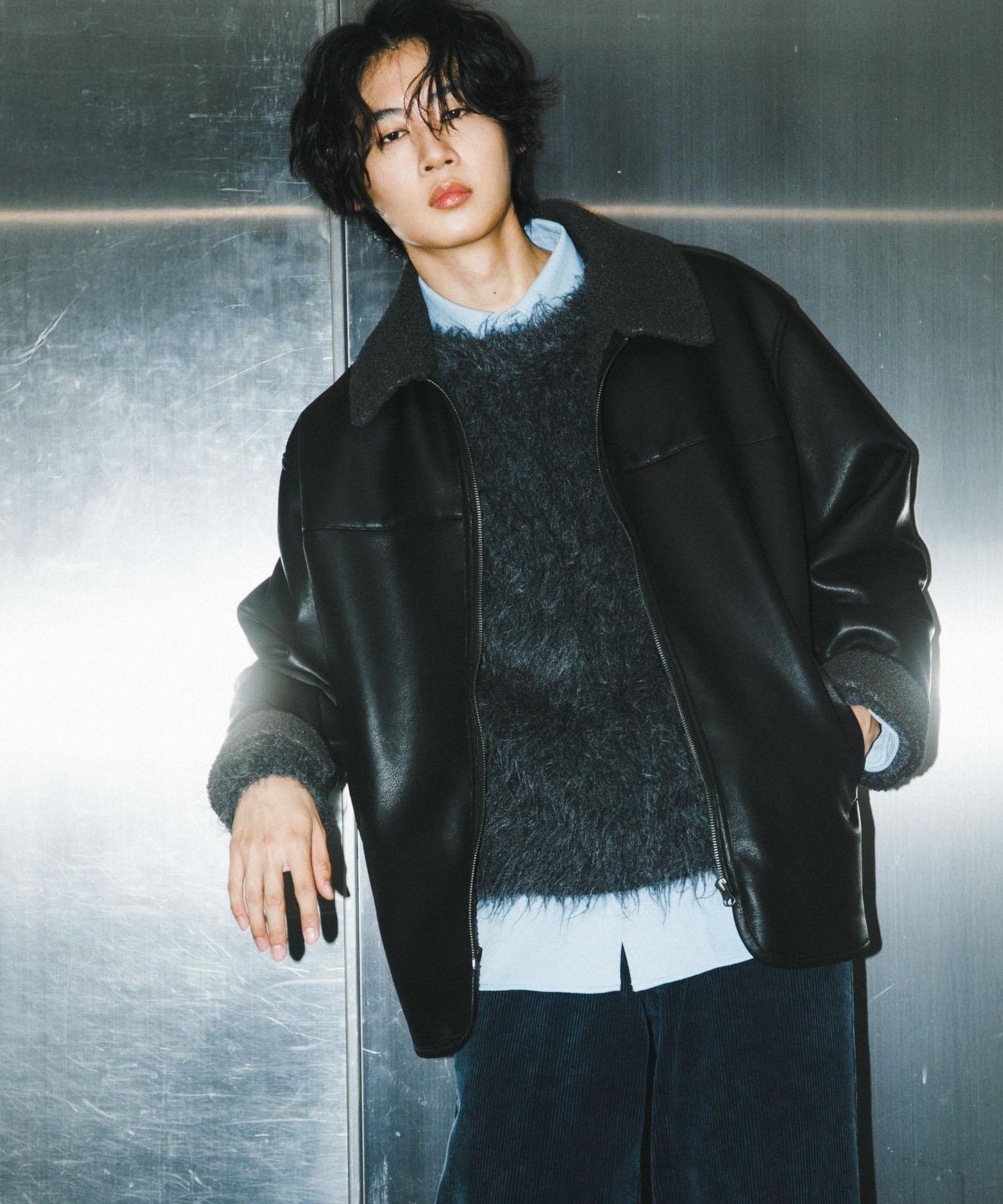 拼色仿羊羔絨飛行夾克