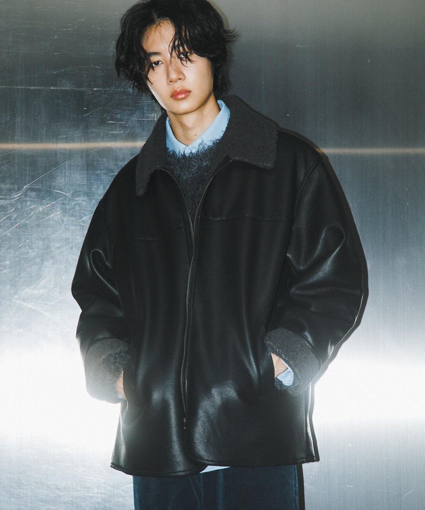 拼色仿羊羔絨飛行夾克