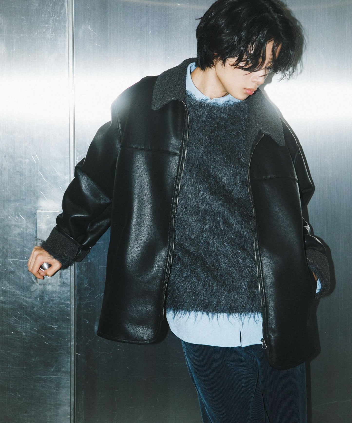 拼色仿羊羔絨飛行夾克