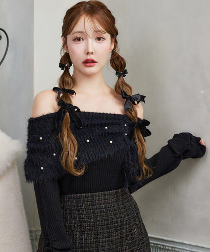 【HolidayCollection】珍珠裝飾露肩針織衫