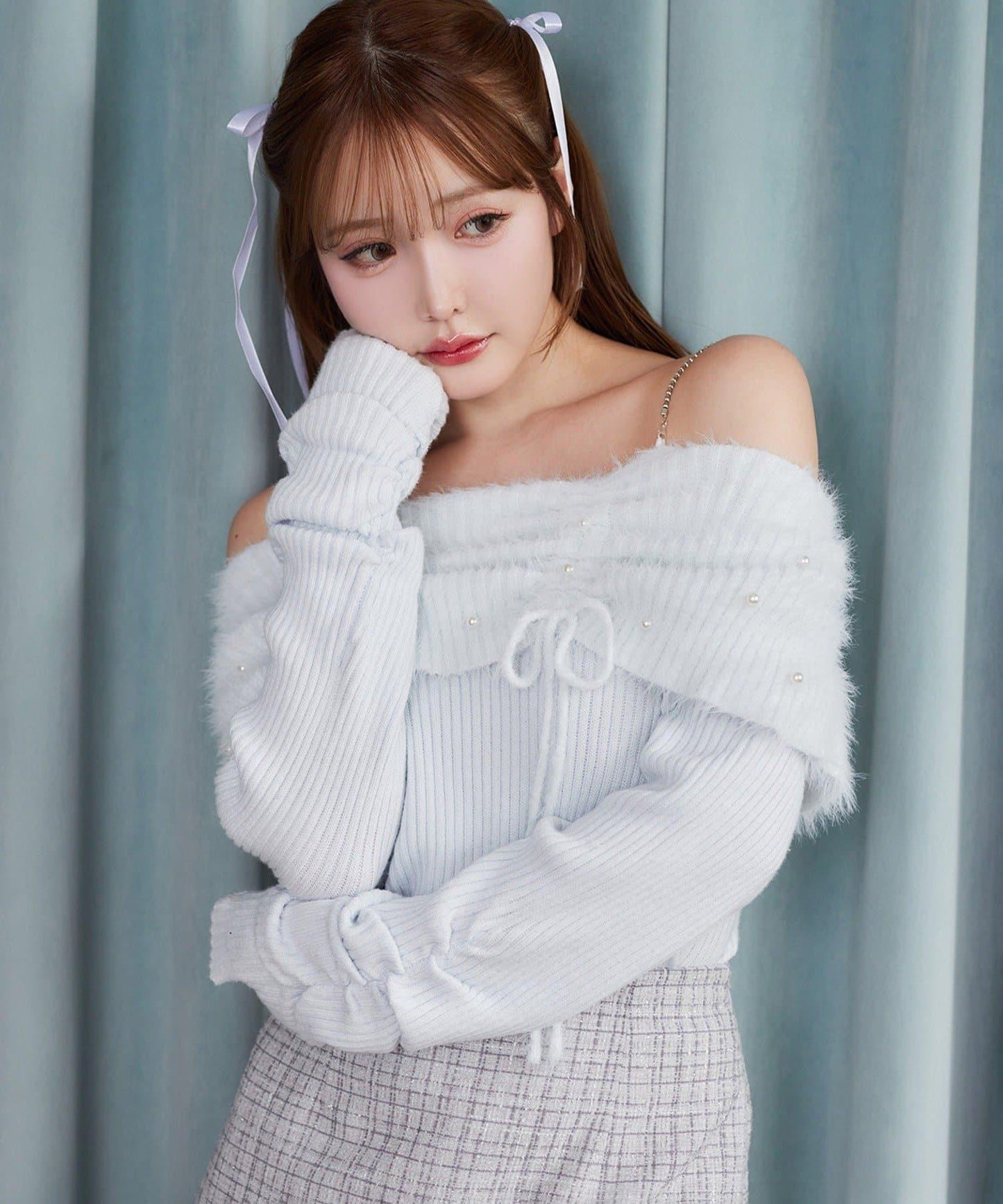 【HolidayCollection】珍珠裝飾露肩針織衫