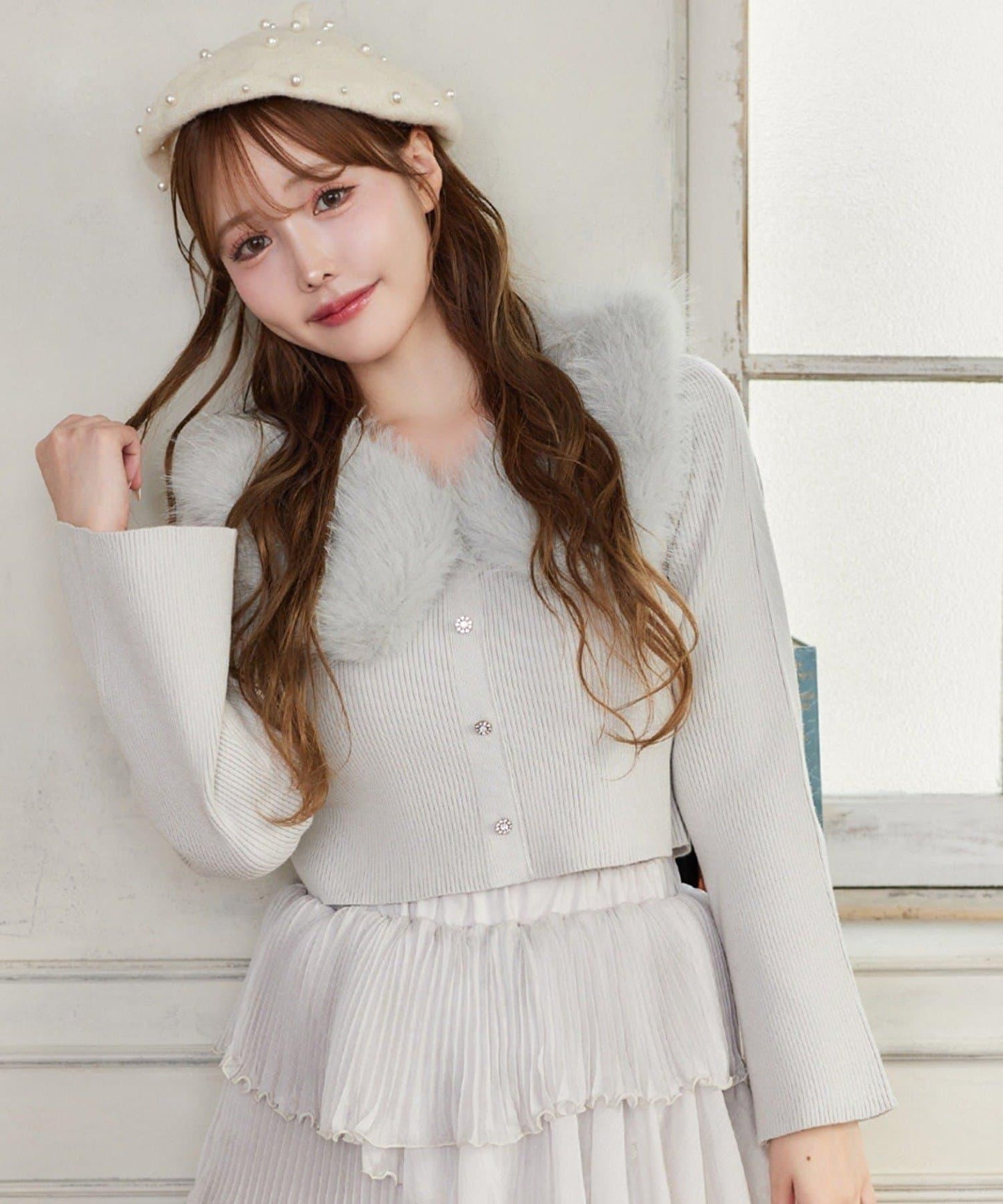 【HolidayCollection】毛領亮片紐釦針織衫