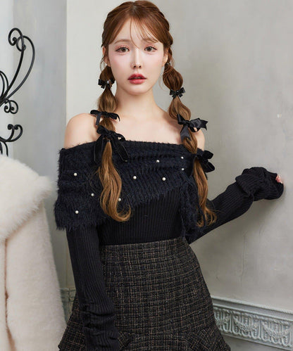 【HolidayCollection】珍珠裝飾露肩針織衫