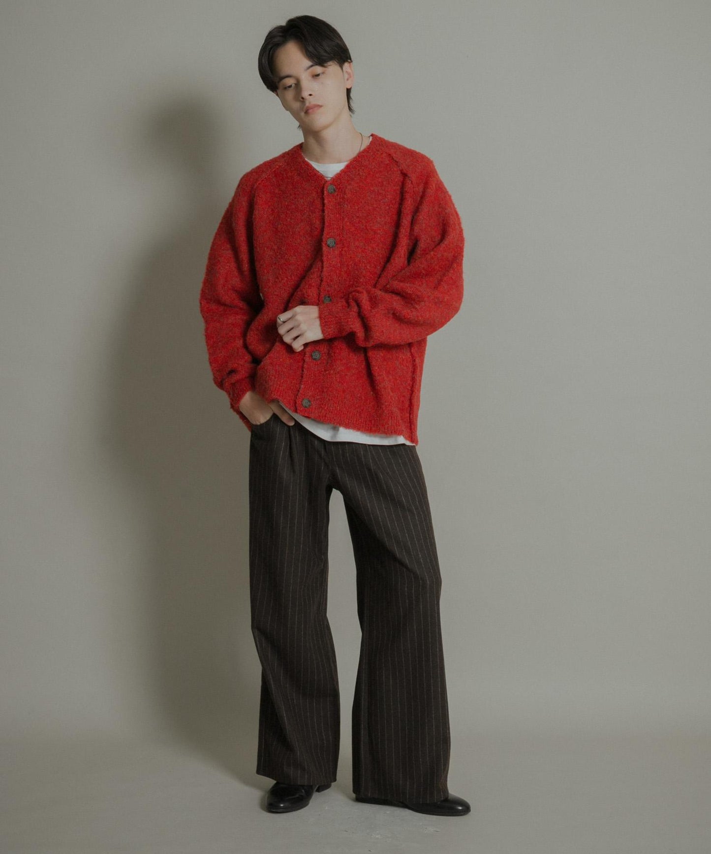 羊毛混紡弧形口袋直筒褲