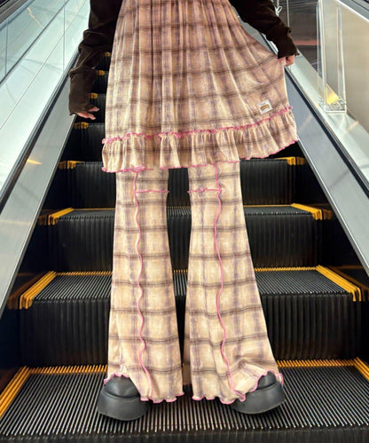 ★【HELLO.SANFRANCISCO/ハローサンフランシスコ】格紋荷葉邊拼接喇叭褲