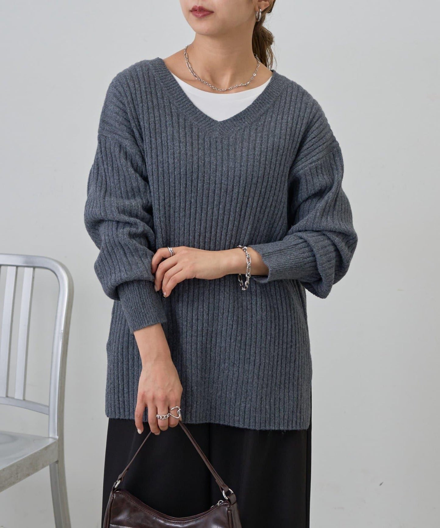 relax羅紋V領針織衫