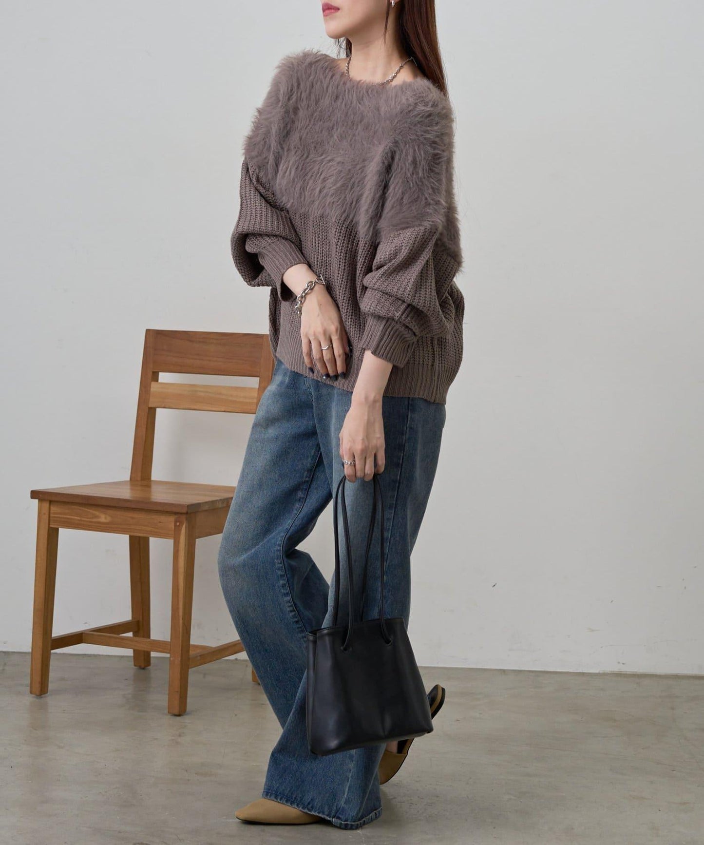 拼接長毛針織衫