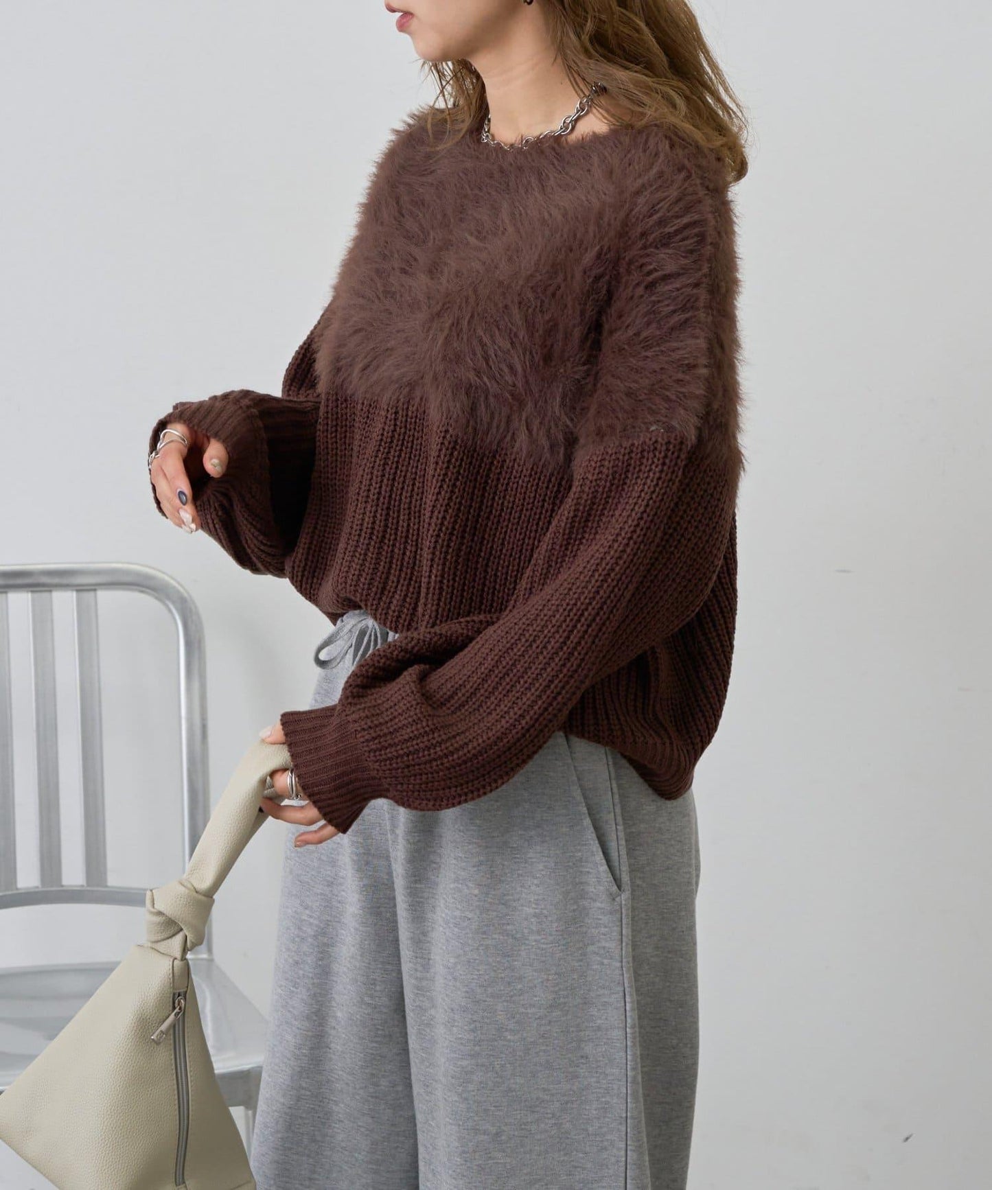 拼接長毛針織衫