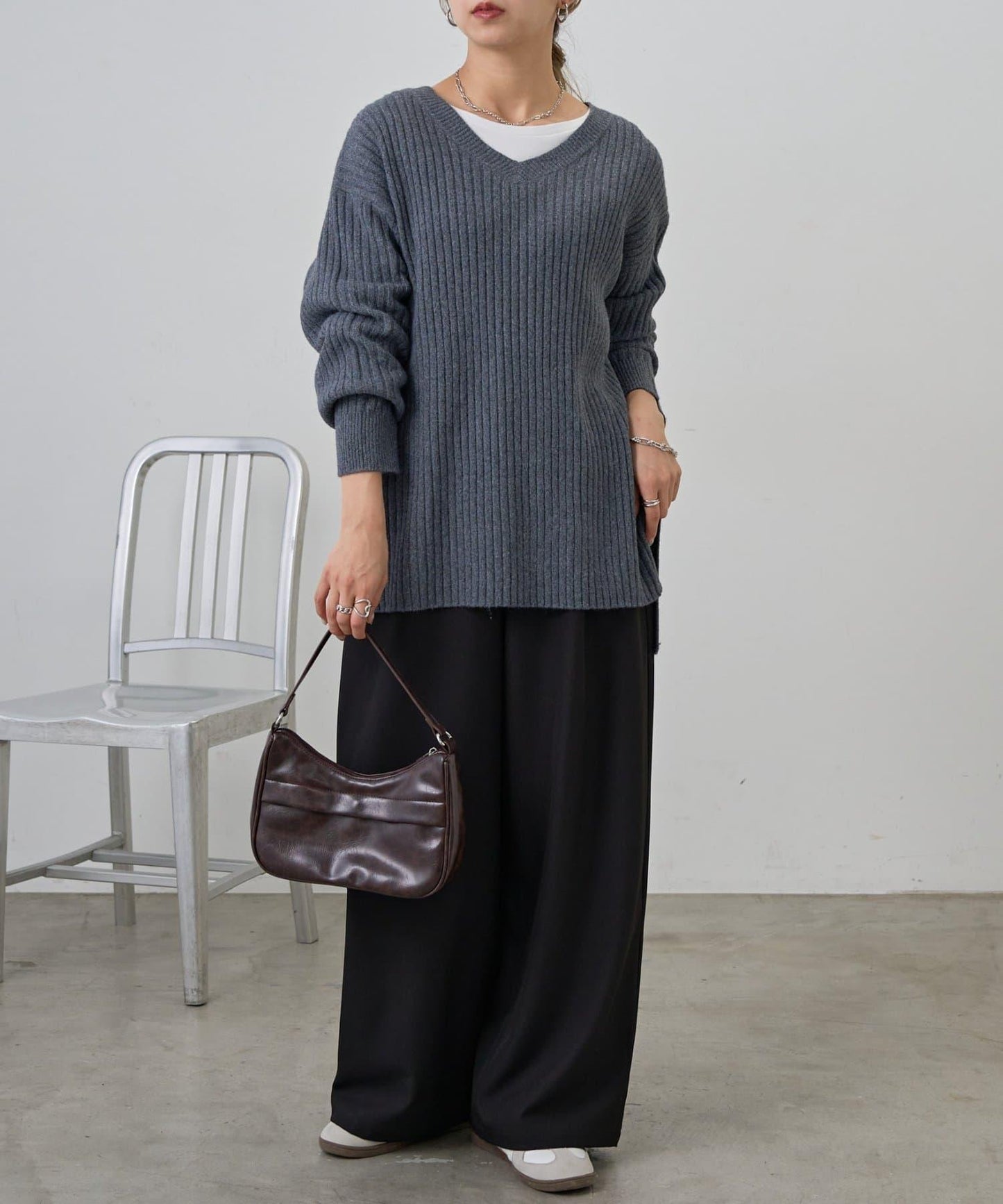 relax羅紋V領針織衫