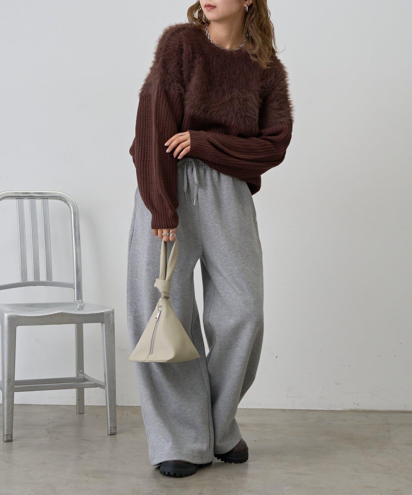 拼接長毛針織衫