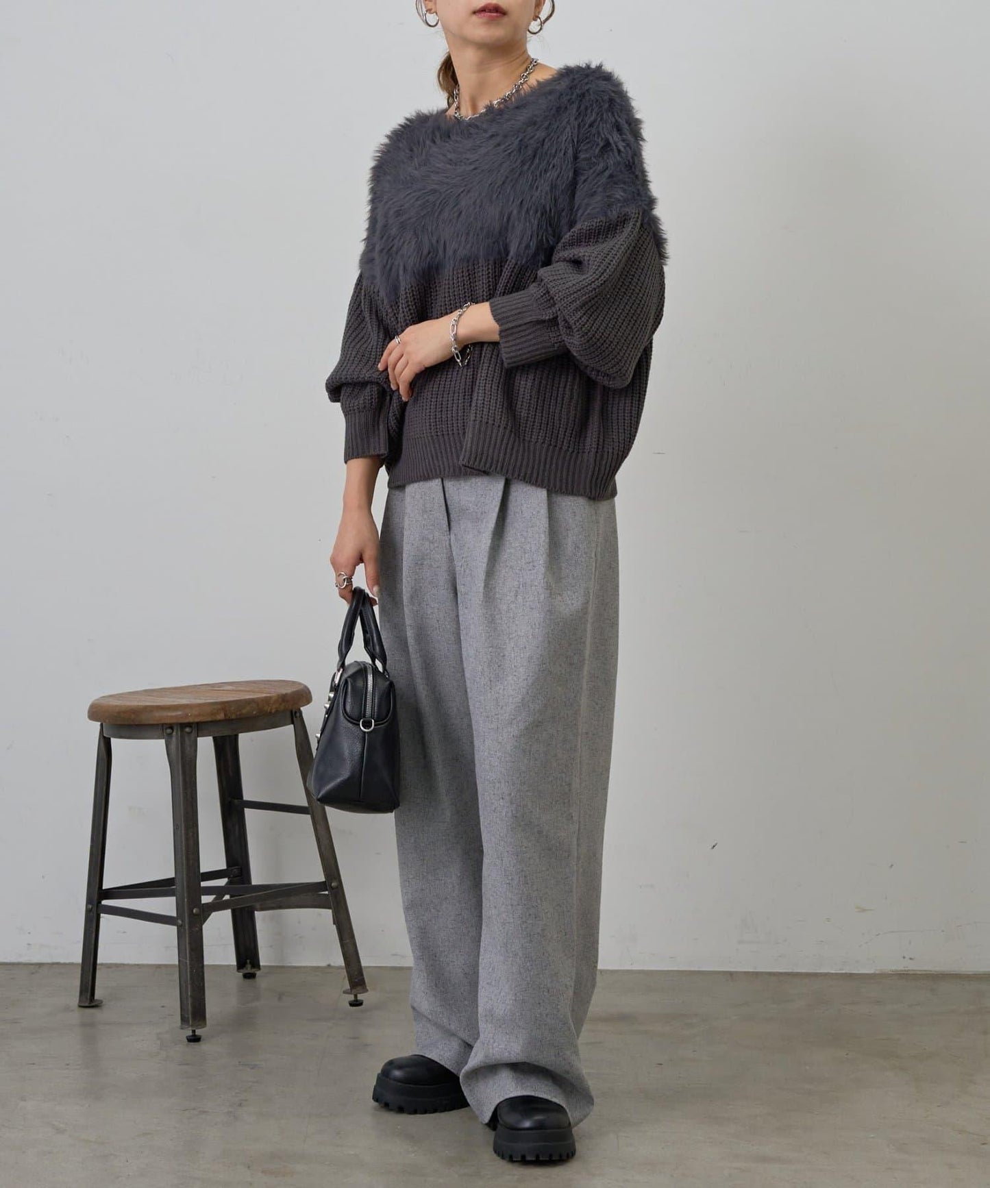 拼接長毛針織衫