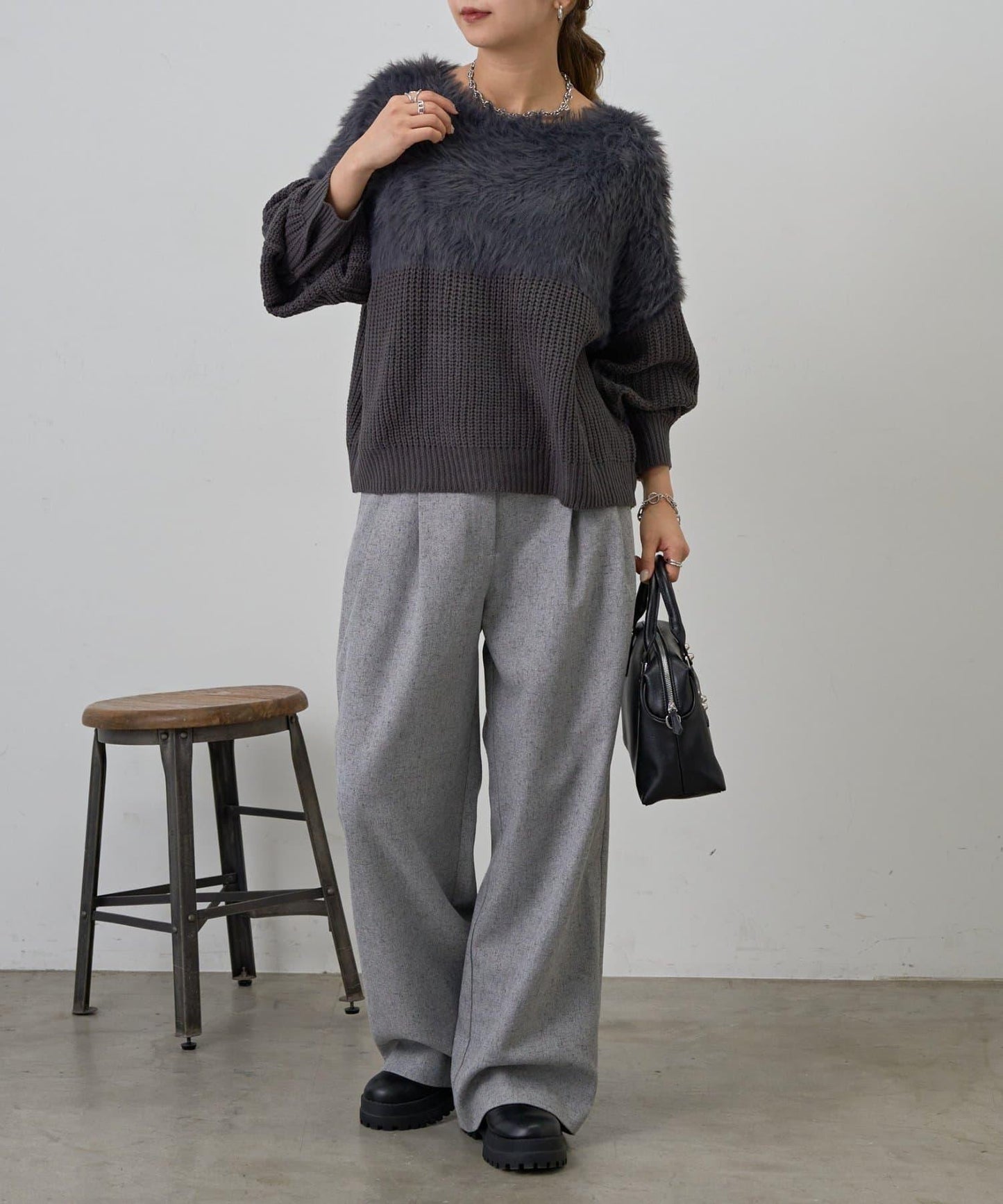 拼接長毛針織衫