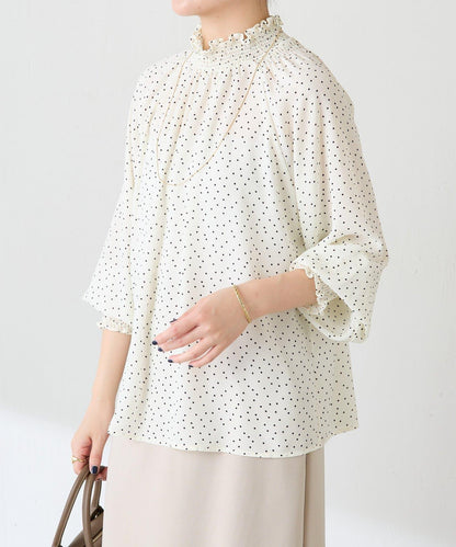 高領褶皺波點襯衫/禮服