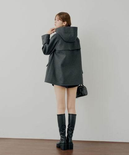 連帽牛角扣中長款大衣