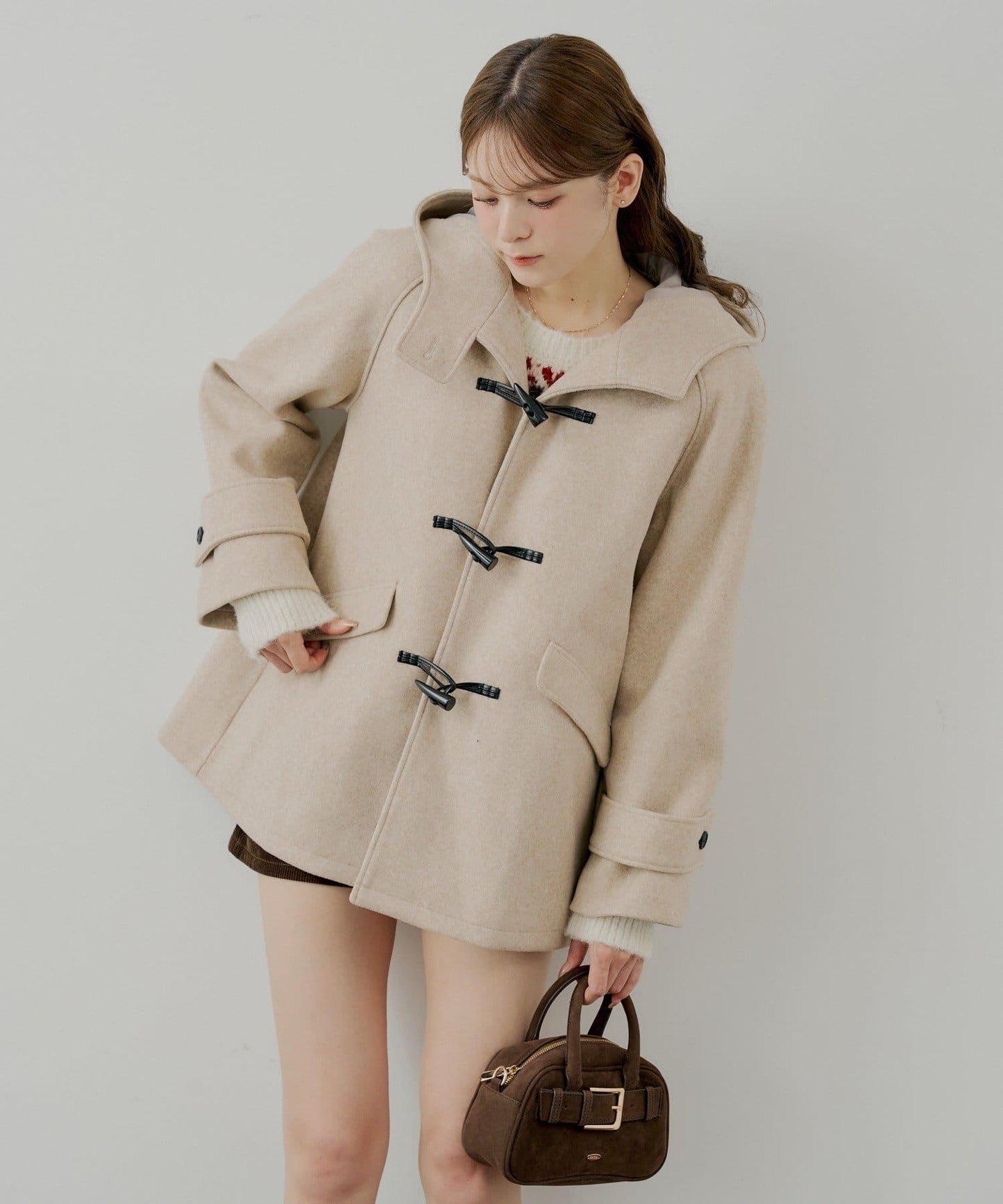 連帽牛角扣中長款大衣