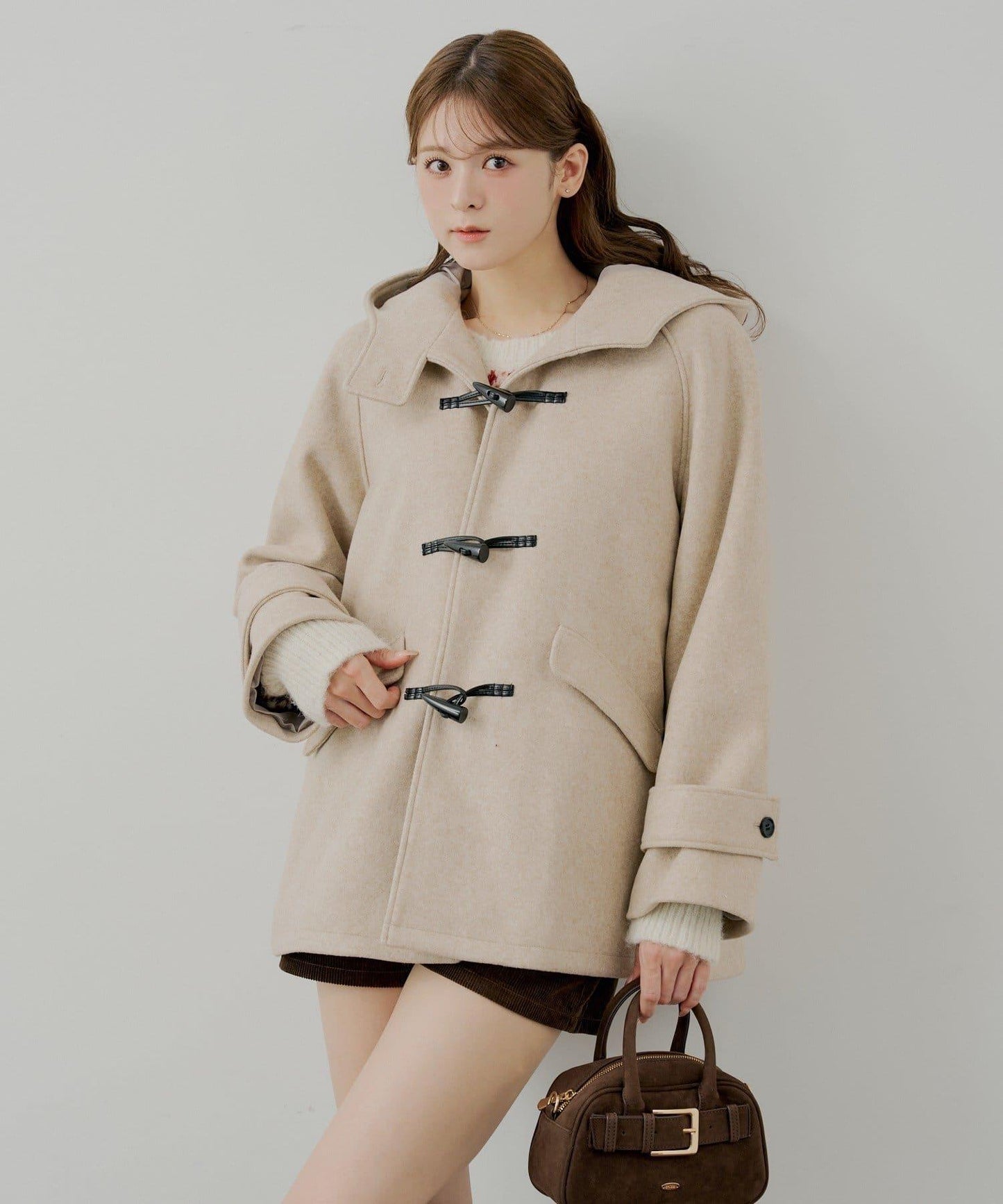 連帽牛角扣中長款大衣