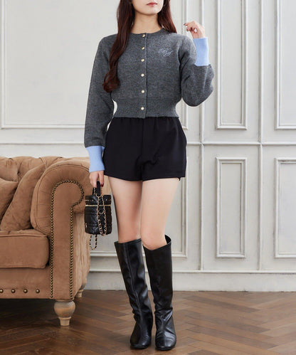 拼色袖部刺繡開衫