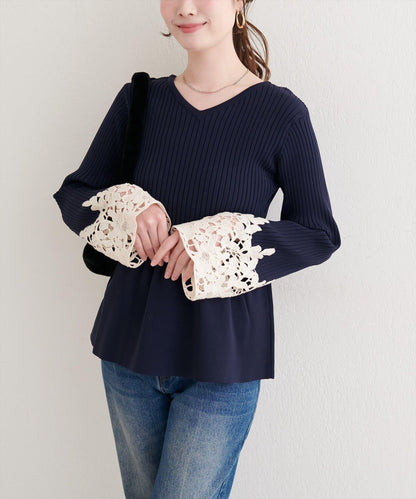 袖部蕾絲荷葉邊針織衫