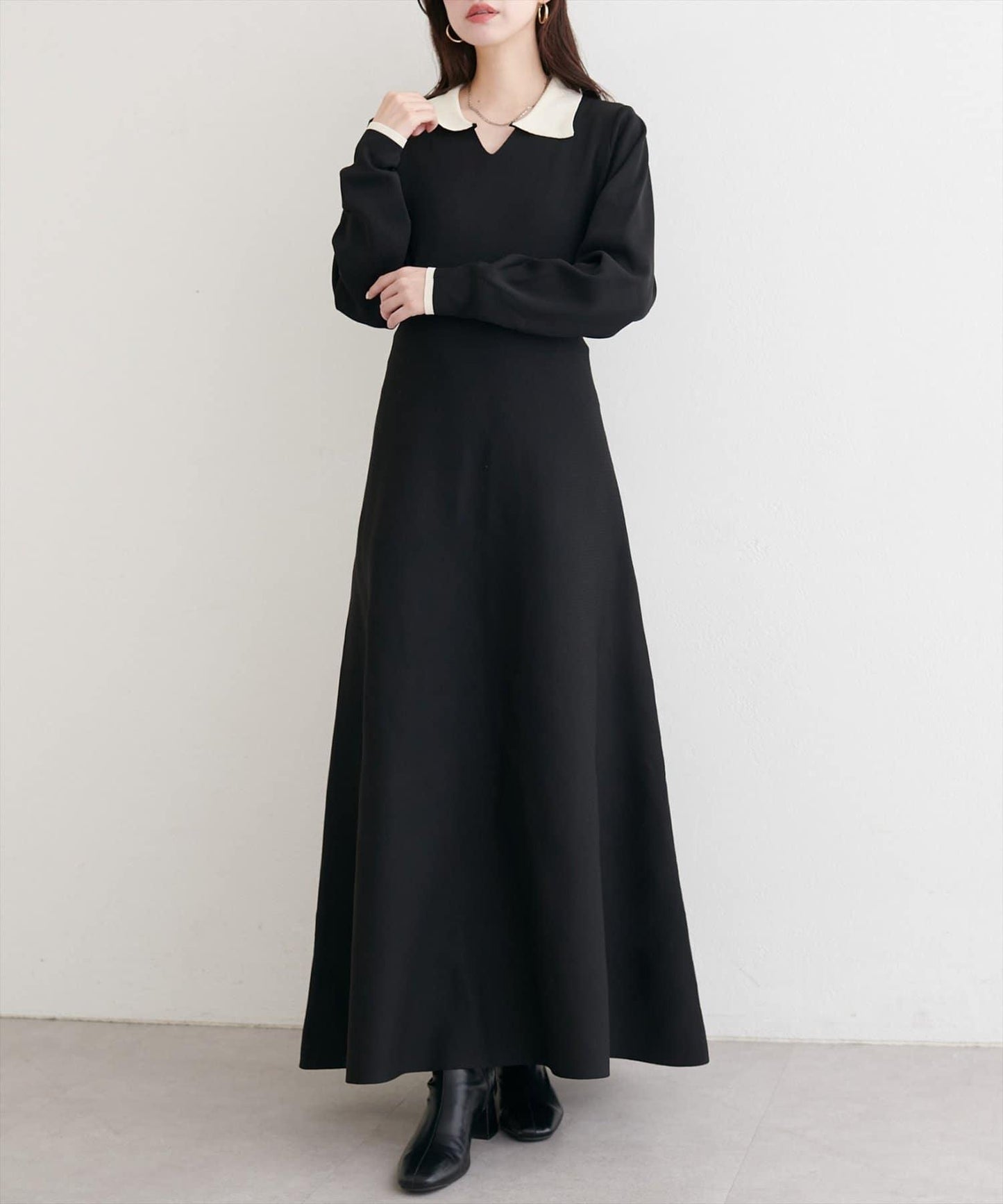 拼色翻領針織連衣裙