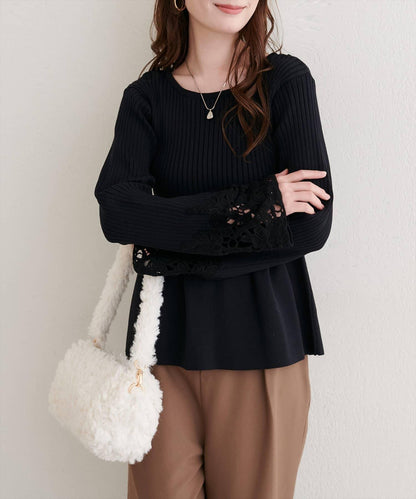 袖部蕾絲荷葉邊針織衫