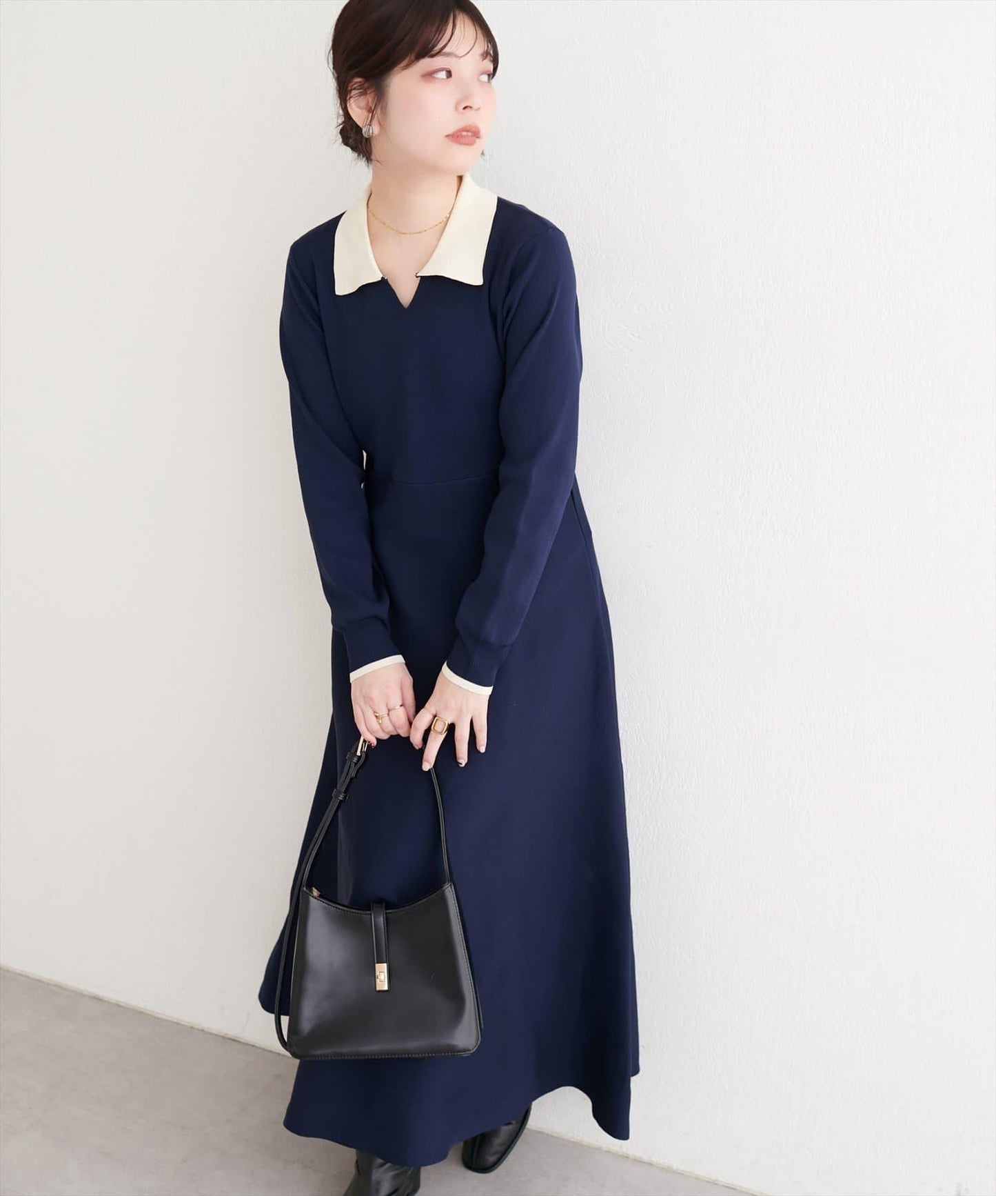 拼色翻領針織連衣裙