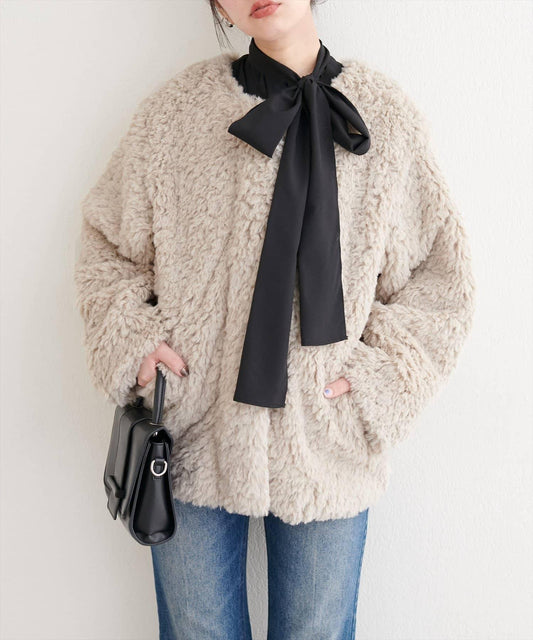 拼色仿羊羔絨中長款大衣