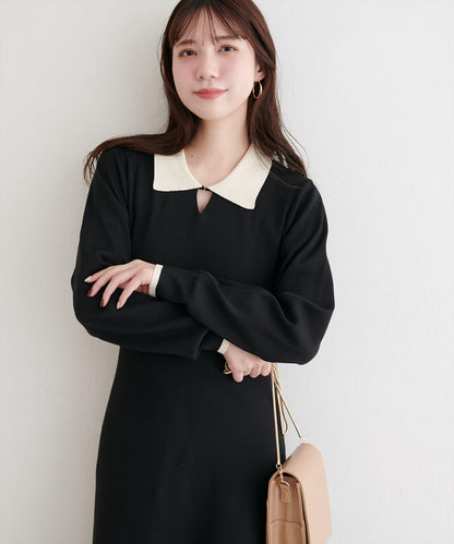 拼色翻領針織連衣裙